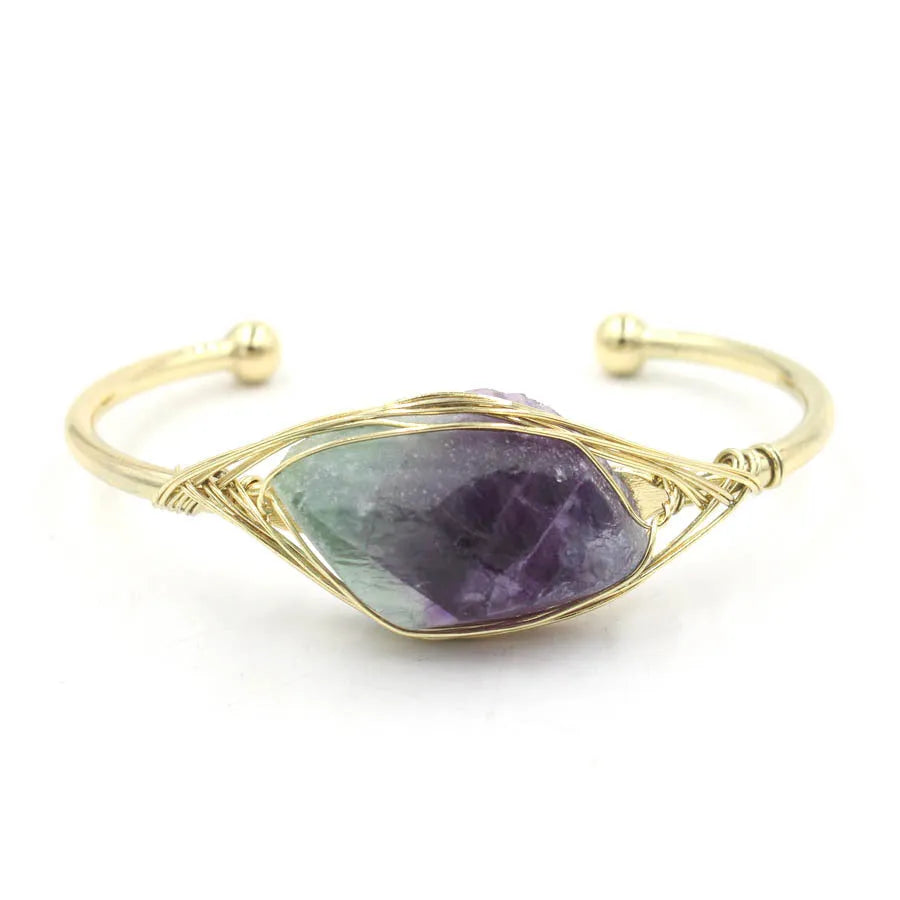 Natural raw gemstone crystal bracelet in ethnic style with simple opening, shown in one of nine colour options.