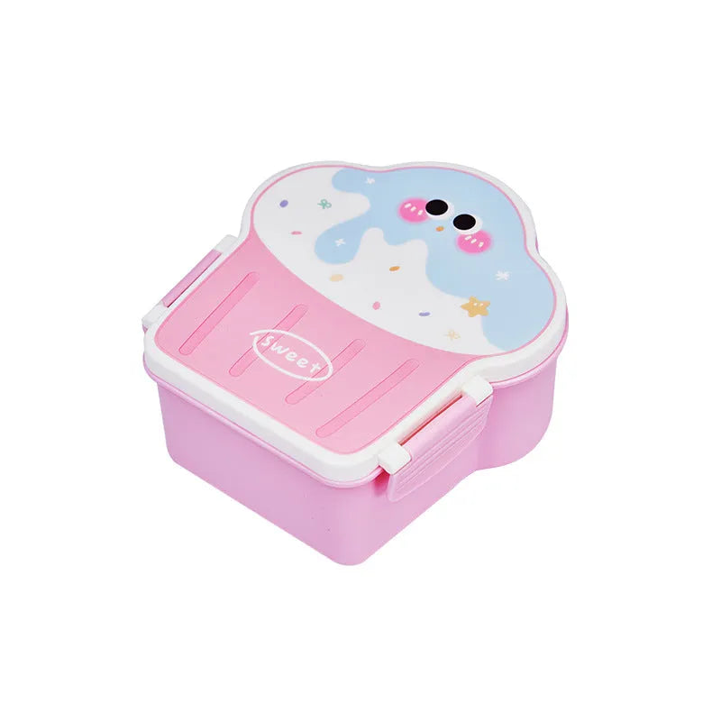 Creative blue and pink ice cream shaped plastic lunch box with spoon and fork on a table