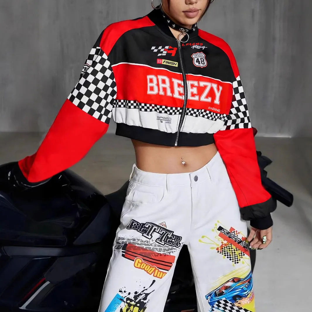Women's loose casual jacket with geometric pattern design and zipper closure
