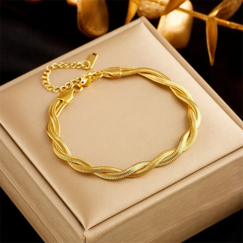 Simple neutral woven twisted gold-plated necklace and bracelet set on titanium steel chain