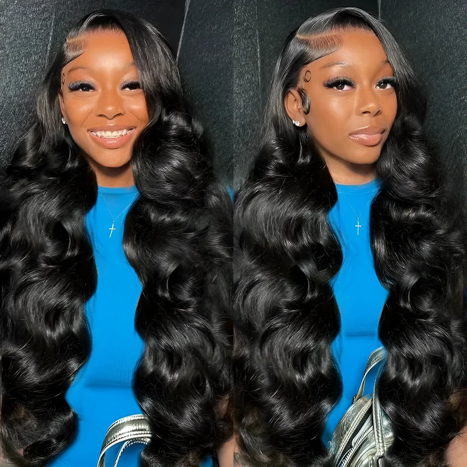 Black lace front synthetic wig with big wavy hairstyle on a model.