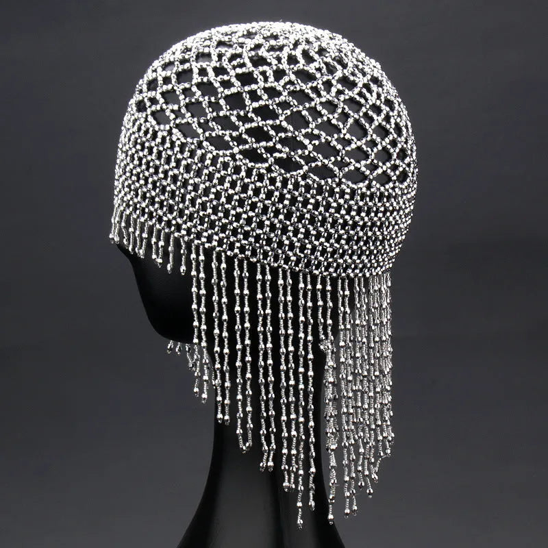 Handmade beaded belly dance head ornament with tassel on alloy mesh, in silver or black.