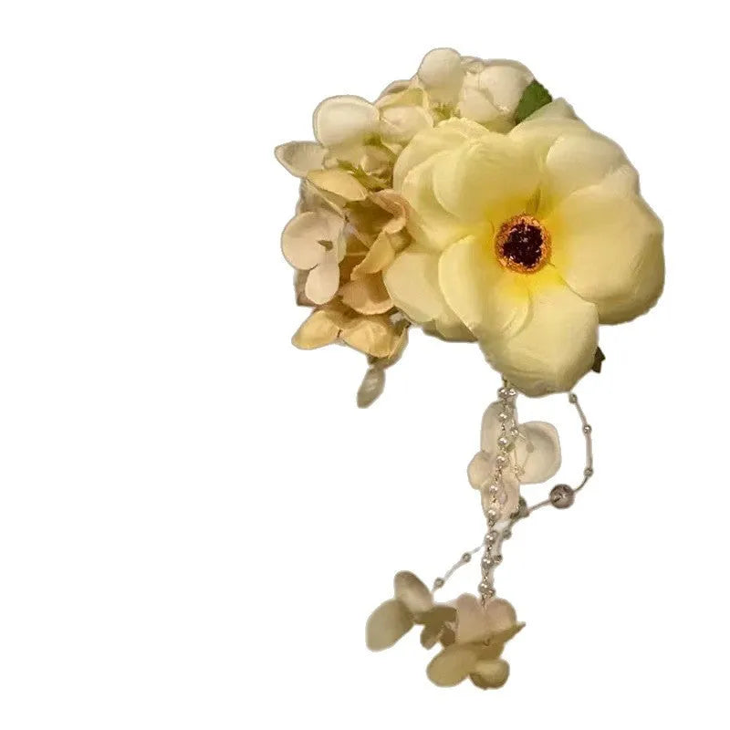 Yellow and purple flower tassel side clip hair accessories for women with mixed material construction