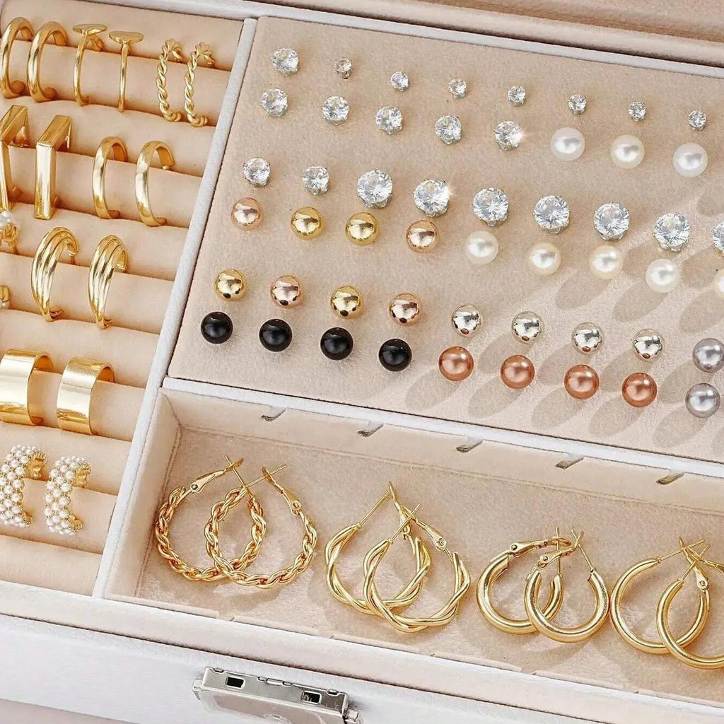 108-piece geometric pearl earrings set with gold and yellow electroplated finishes