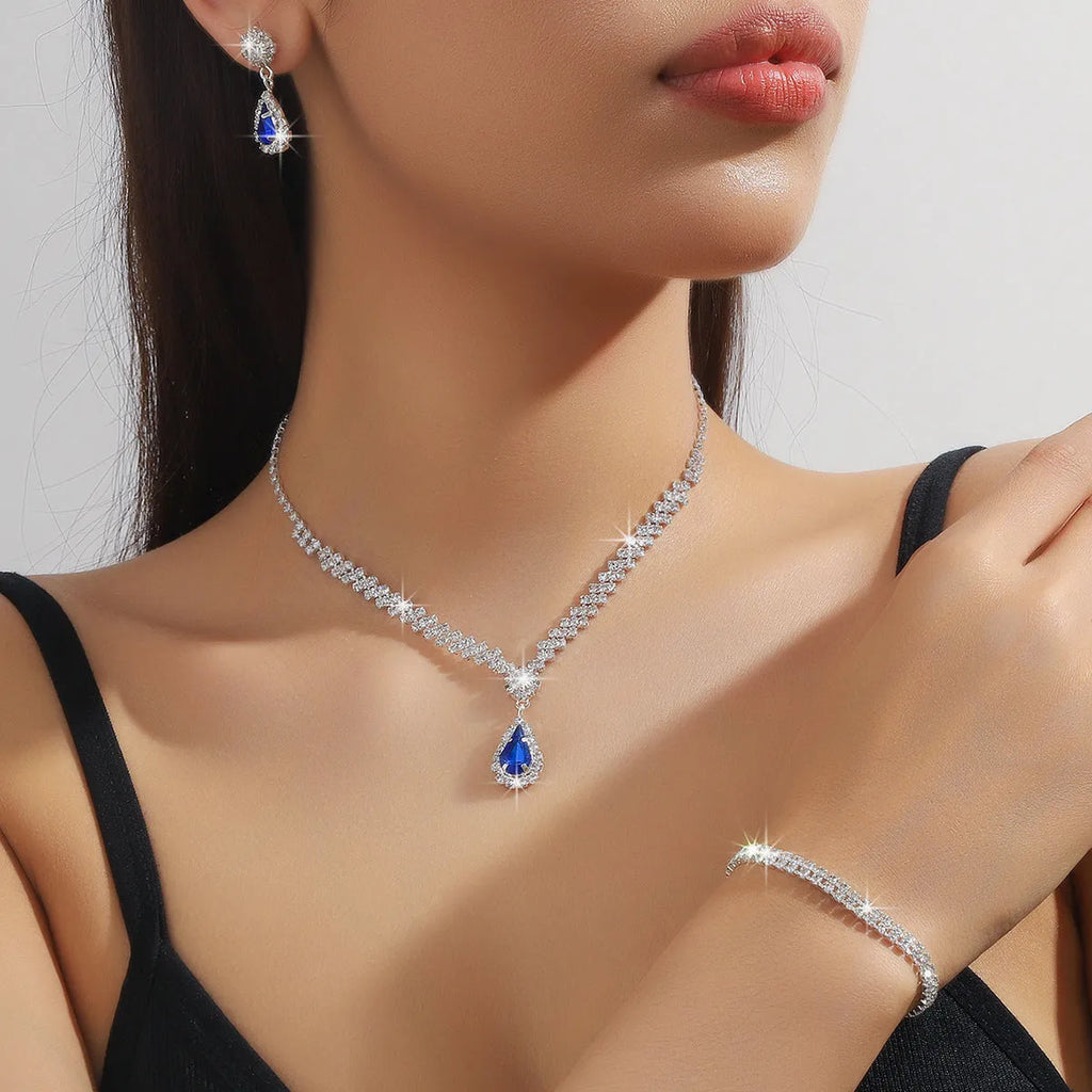 Claw chain rhinestone jewellery set with water drop design in multiple colour options