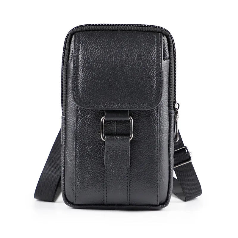 Men's black genuine leather crossbody waist bag with a lock and square vertical shape.