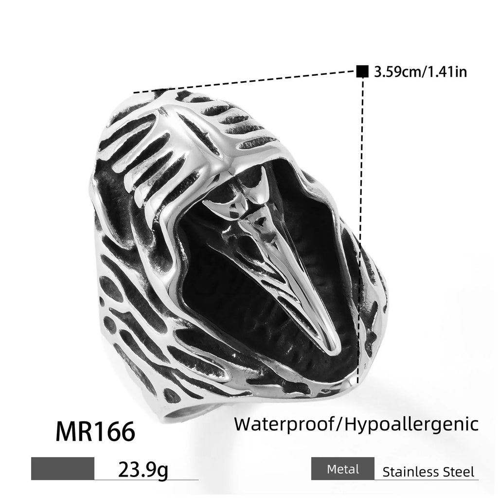 Titanium steel geometric crow punk ring in MR166 colour showing retro animal styling
