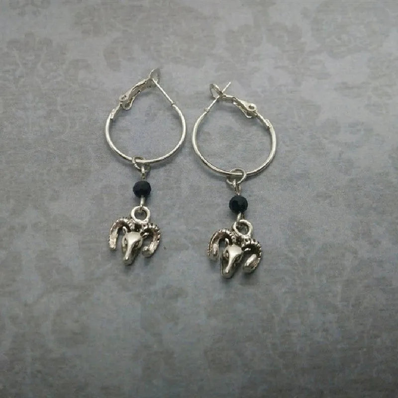 Silver round ring earrings with Tibetan antelope design, European American style alloy construction
