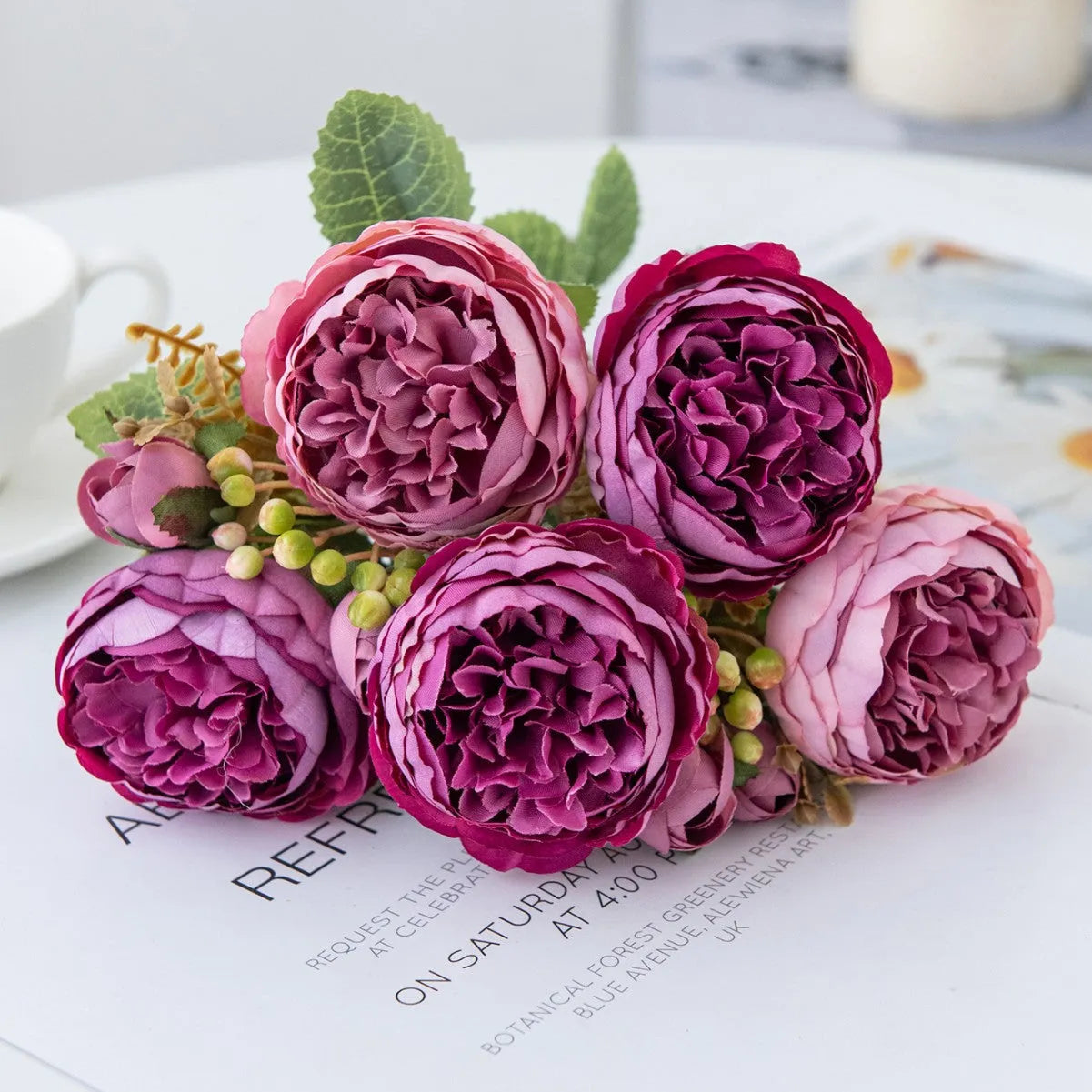 Artificial peony bouquet silk flower arrangement champagne sand red colour 30cm tall