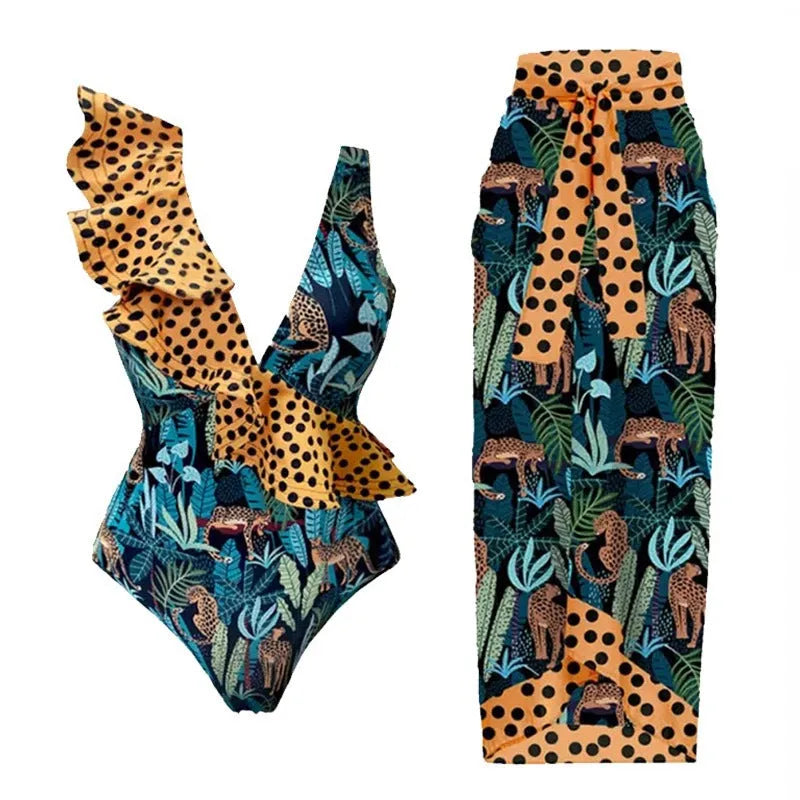 Solid colour women's one-piece swimsuit with spaghetti straps and a matching skirt.