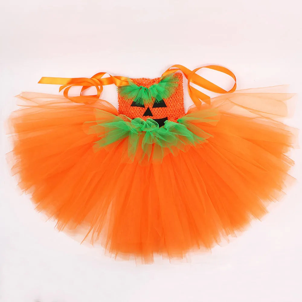 Girls' Halloween pumpkin skirt in nylon with matching hat, cartoon princess design