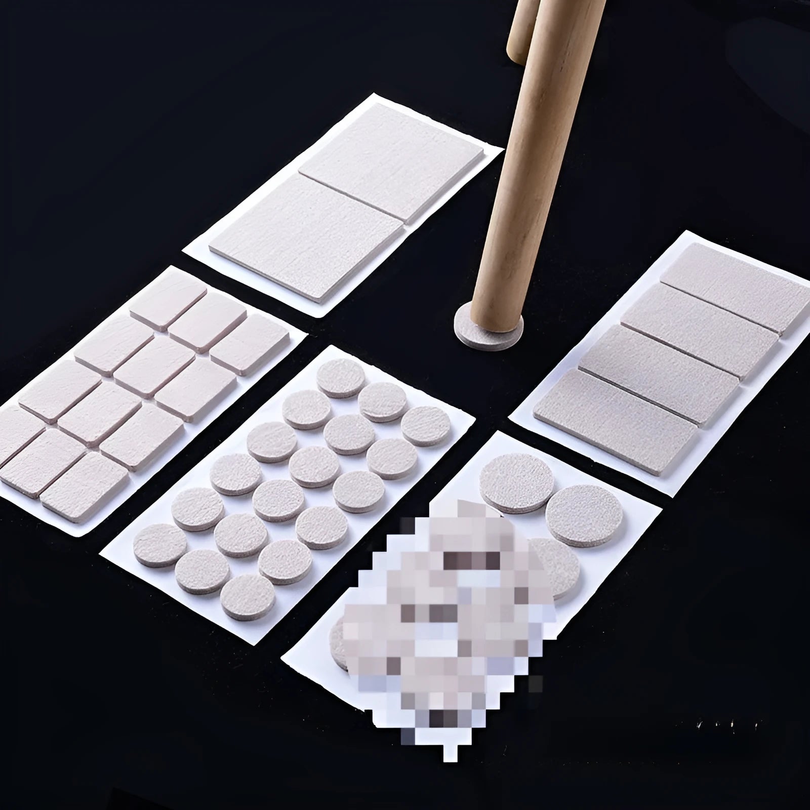 Beige plastic furniture leg stoppers in assorted square and round sizes for floor protection