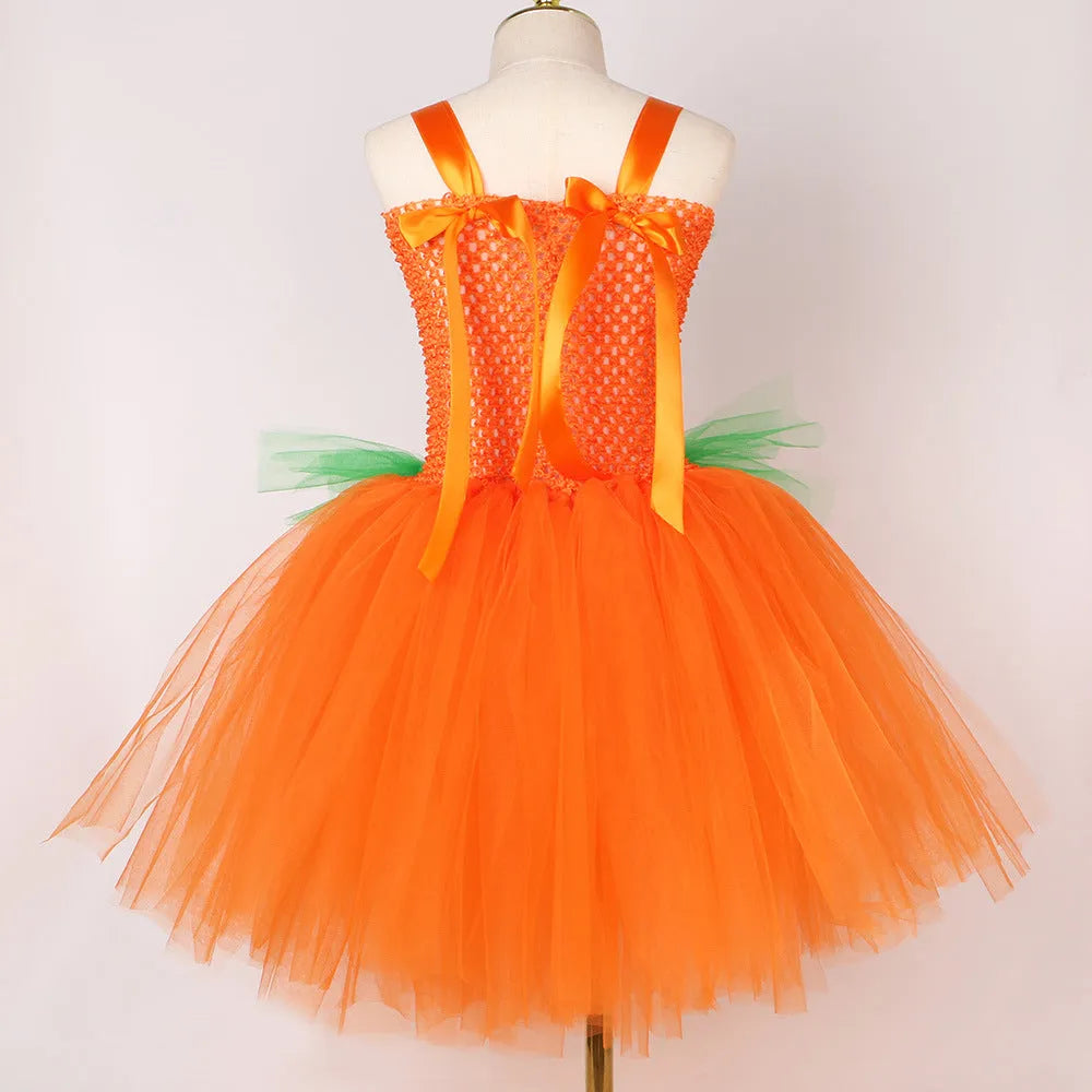 Girls' Halloween pumpkin skirt in nylon with matching hat, cartoon princess design