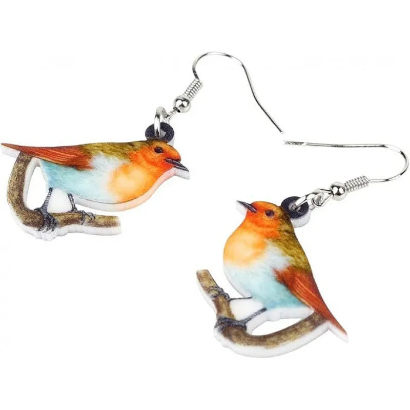 Acrylic blue titmouse pendant earrings with geometric animal and snake zodiac design in colourful printing