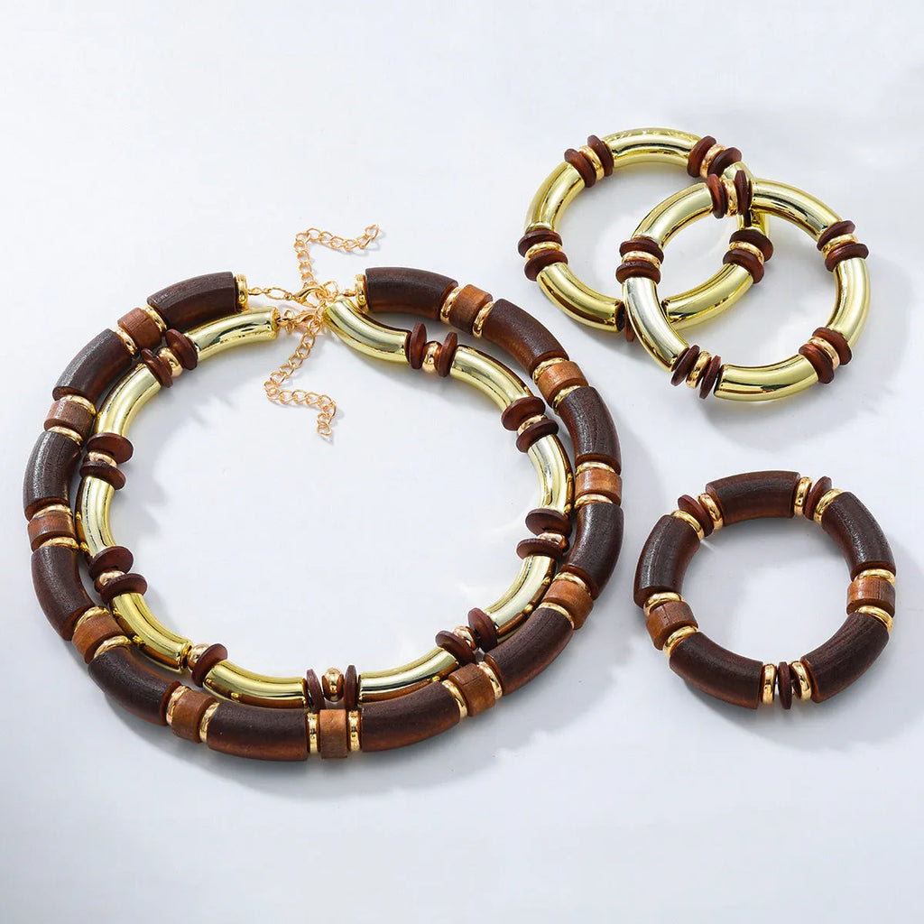 Multi-layer wooden necklace and bracelet jewellery set with alloy construction
