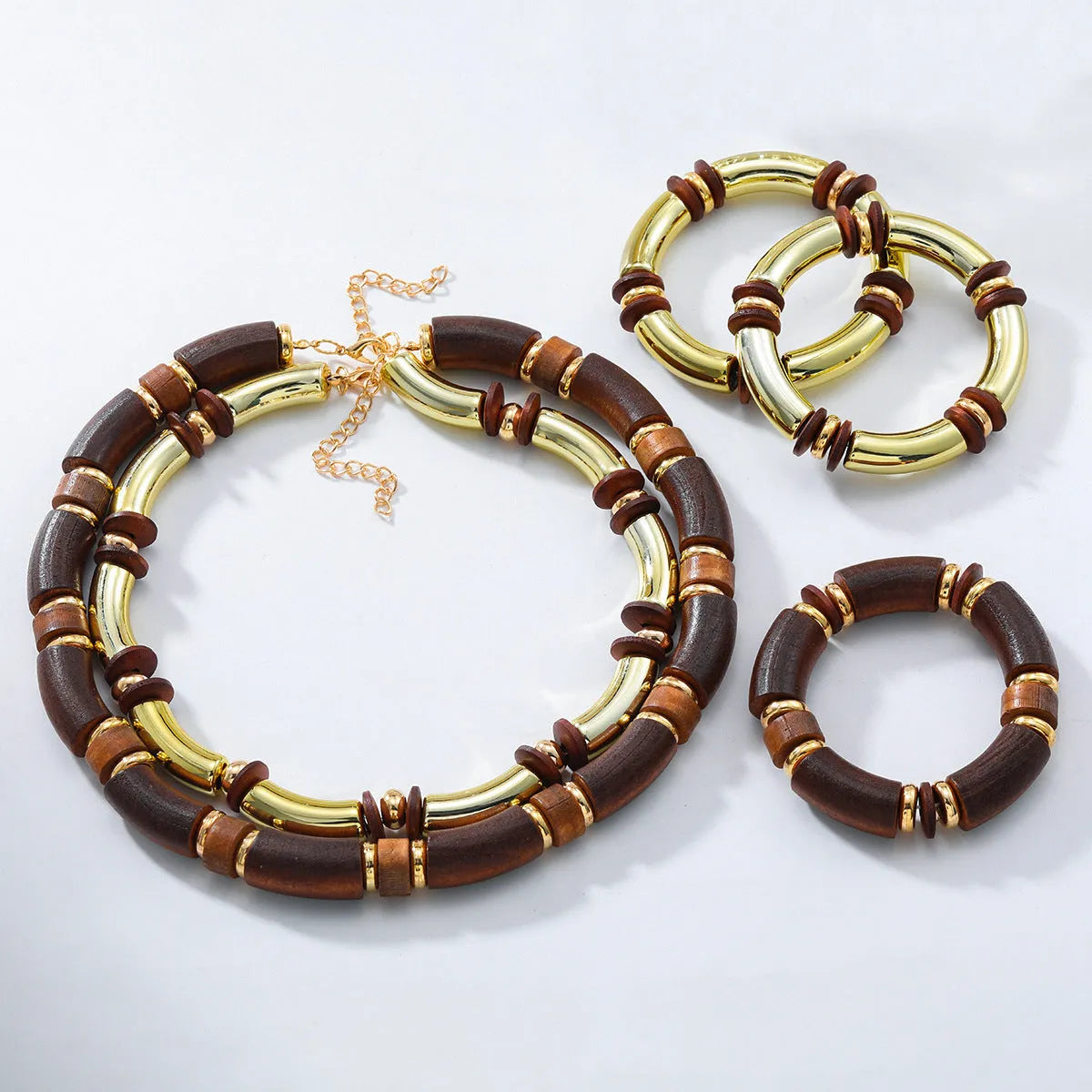 Multi-layer wooden necklace and bracelet jewellery set with alloy construction