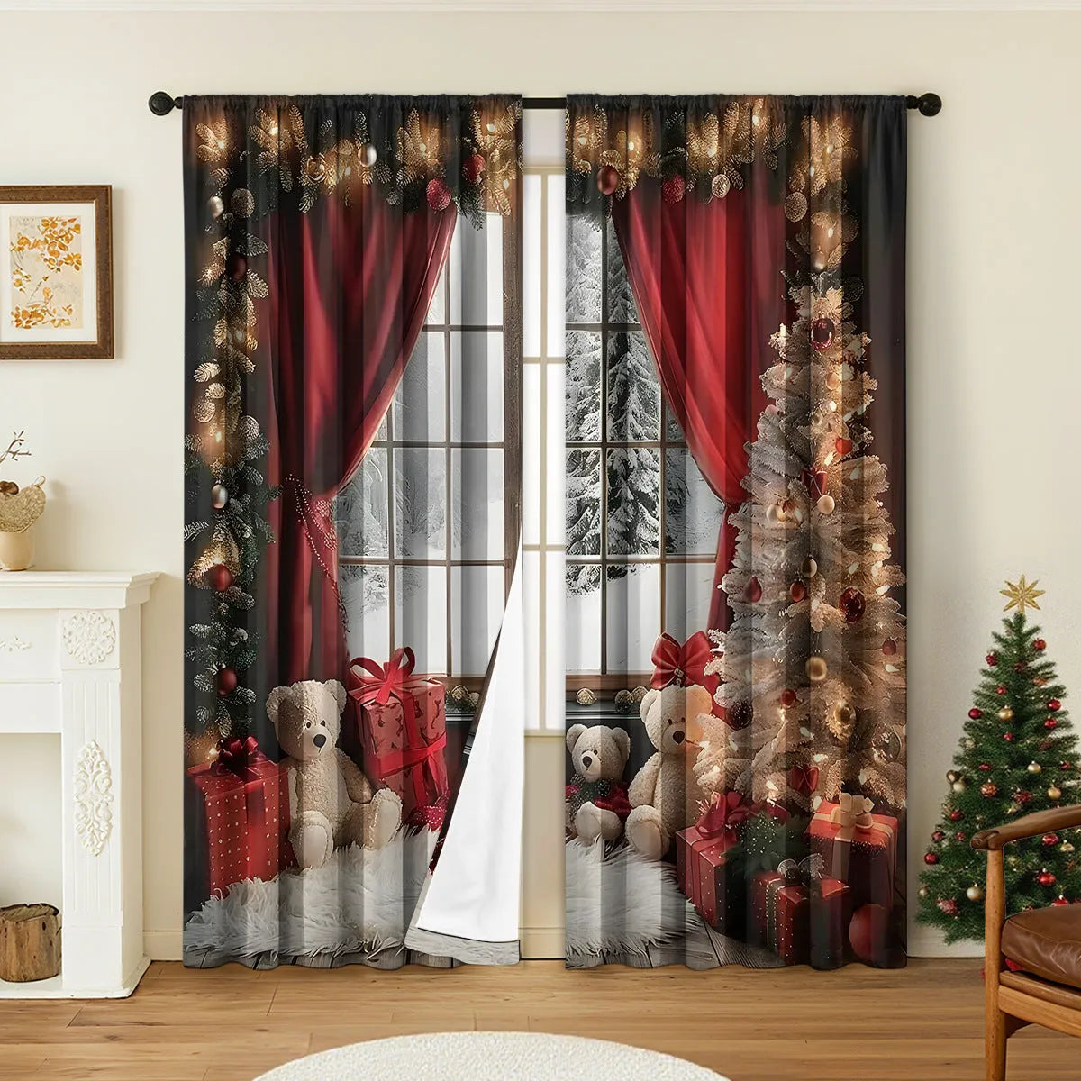 3D digitally printed Christmas curtain pair showing festive patterns on polyester fabric with sunshade properties