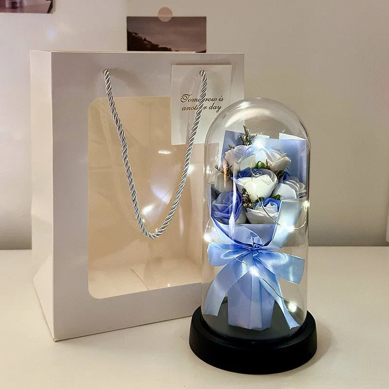 Artificial bionic bouquet arrangement with reusable tote bag in gradient blue colour option