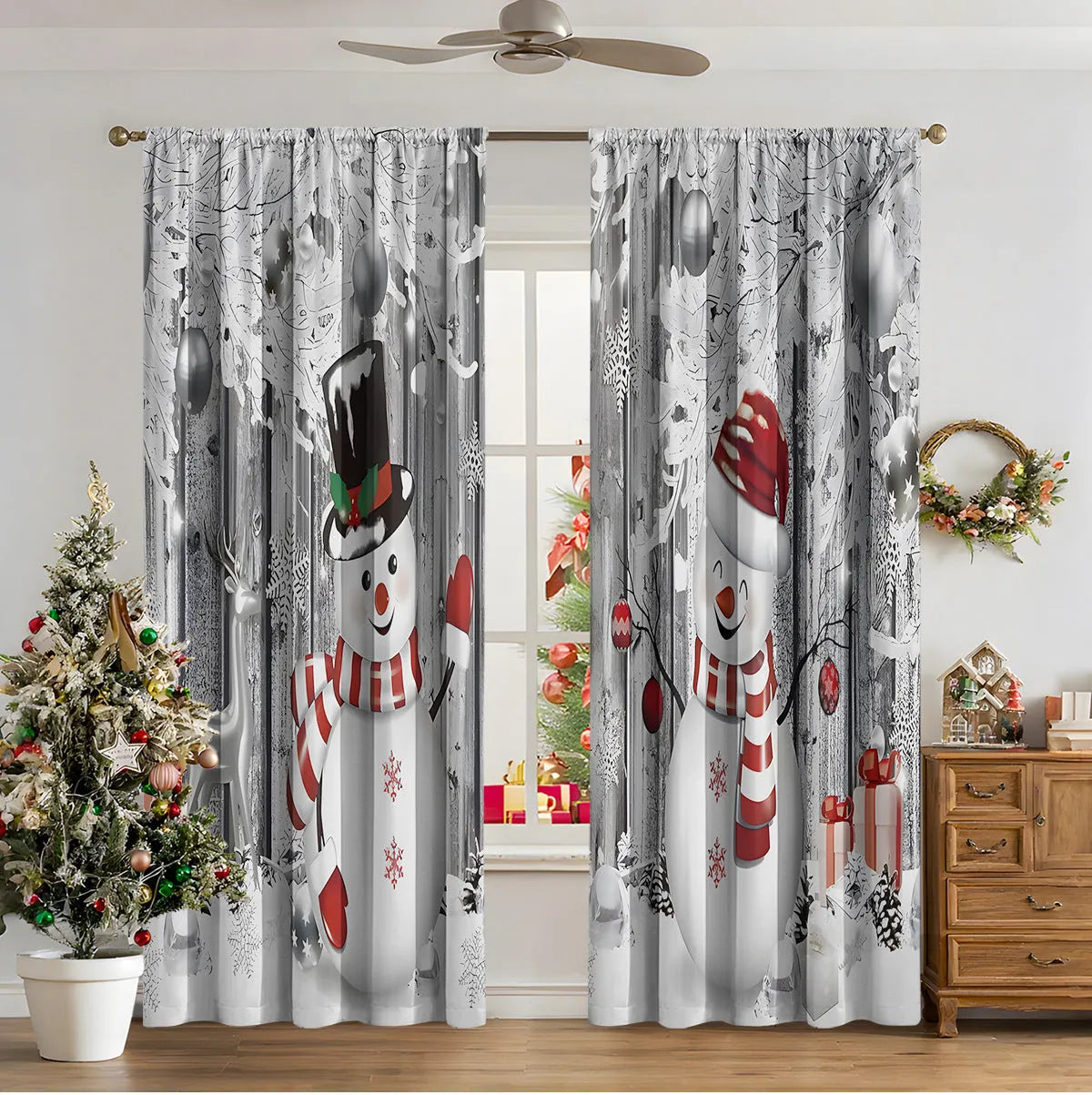 3D digitally printed Christmas curtain panel in a modern style, made from polyester fabric.