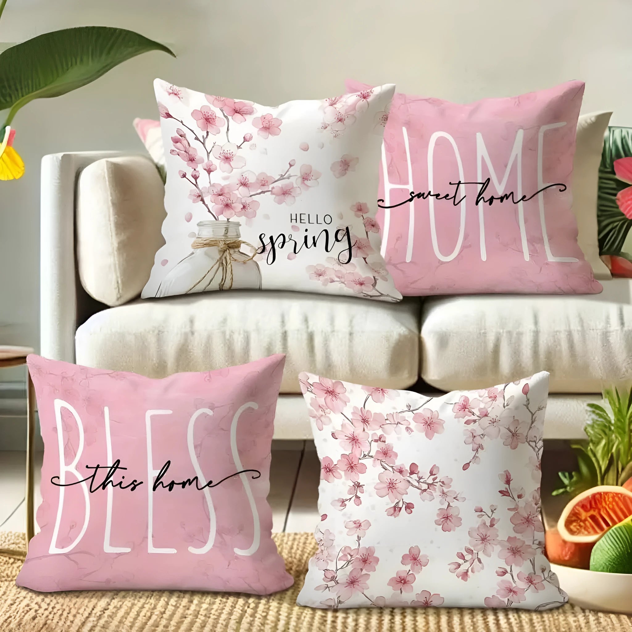 Square short velvet cushion cover with cherry blossom and letter print, 45cm, shown in one of four available colours.