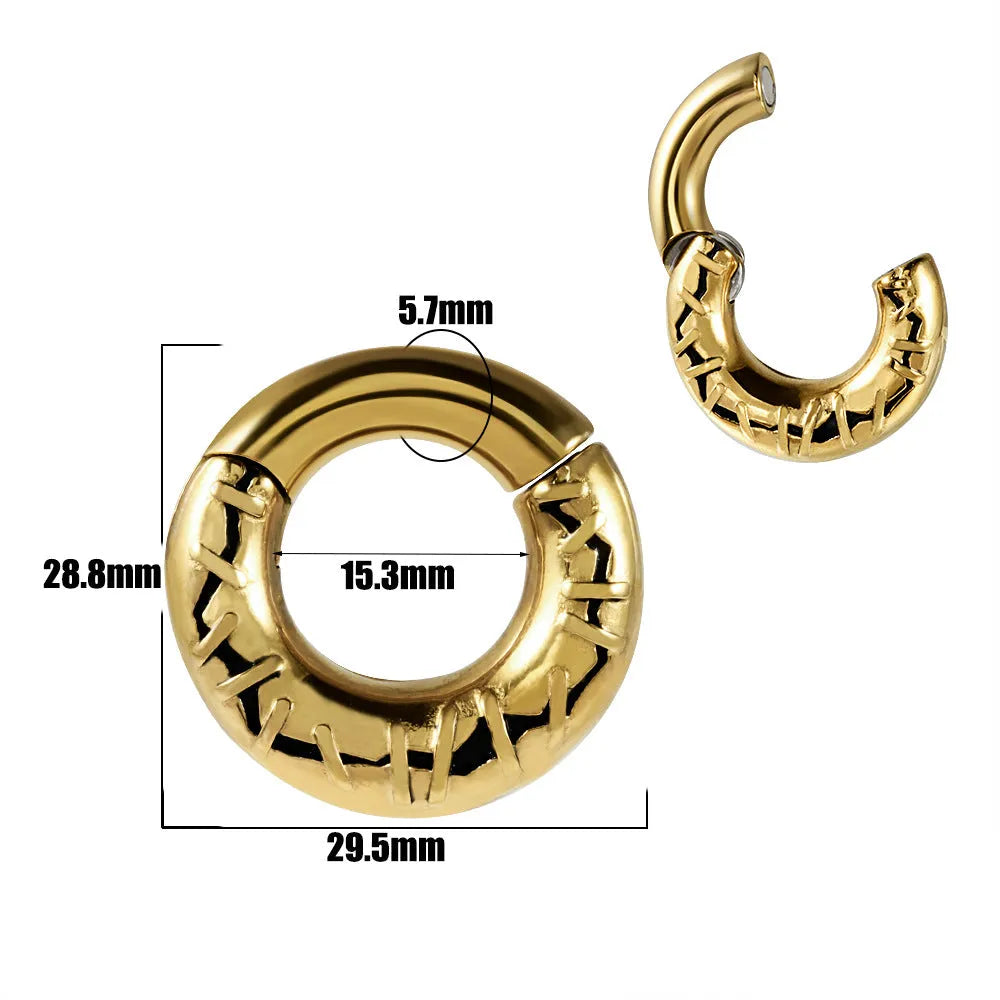 A pair of stainless steel totem pattern earrings with an electroplated finish, shown from the 15 available style options.