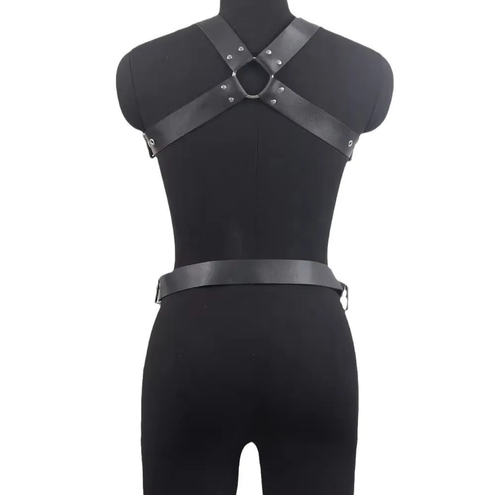 Black imitation leather waist trainer belt with pin buckle closure on mannequin