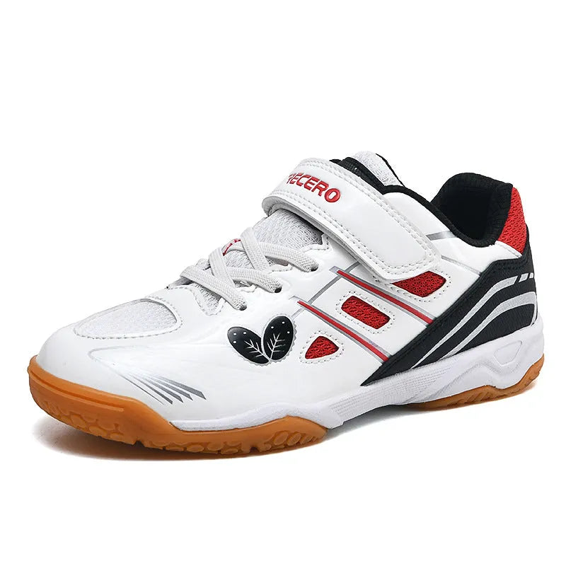 White and blue lightweight badminton shoes with a low-top casual design and ribbed sole.