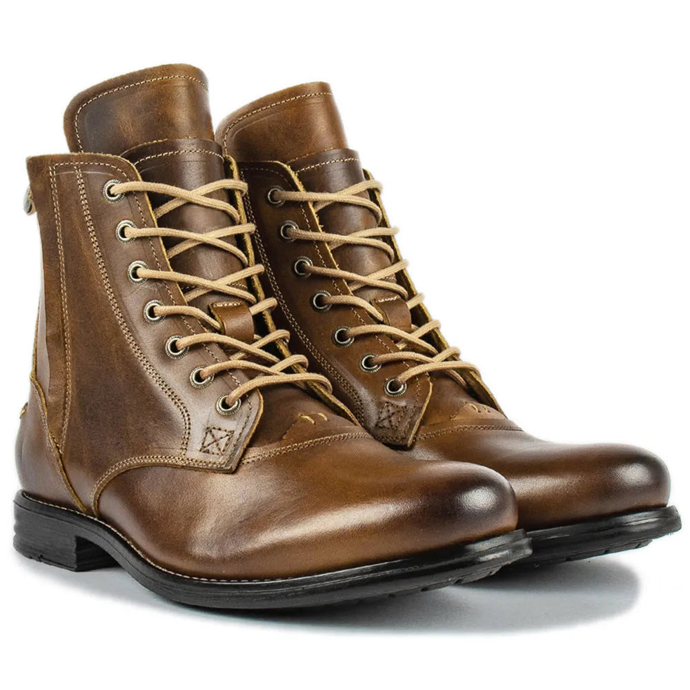 Knight Series men's black leather ankle boots with side zipper and waxed two-tone finish.