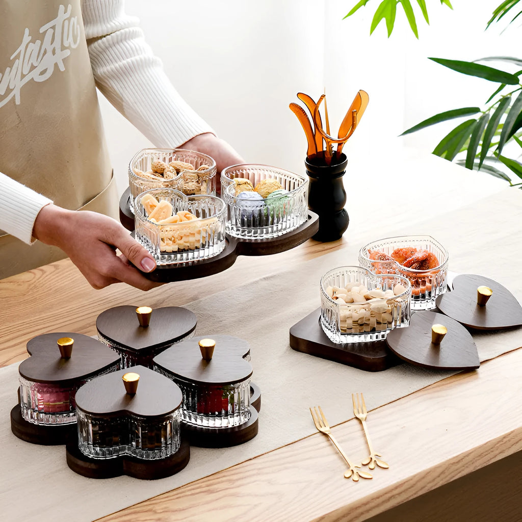Glass retro style snack platter with heart-shaped lids in 2, 3, 4, or 5-grid configurations for fruit and dim sum.