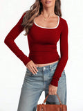 Women's cotton square collar pullover top in slim fit with long sleeves
