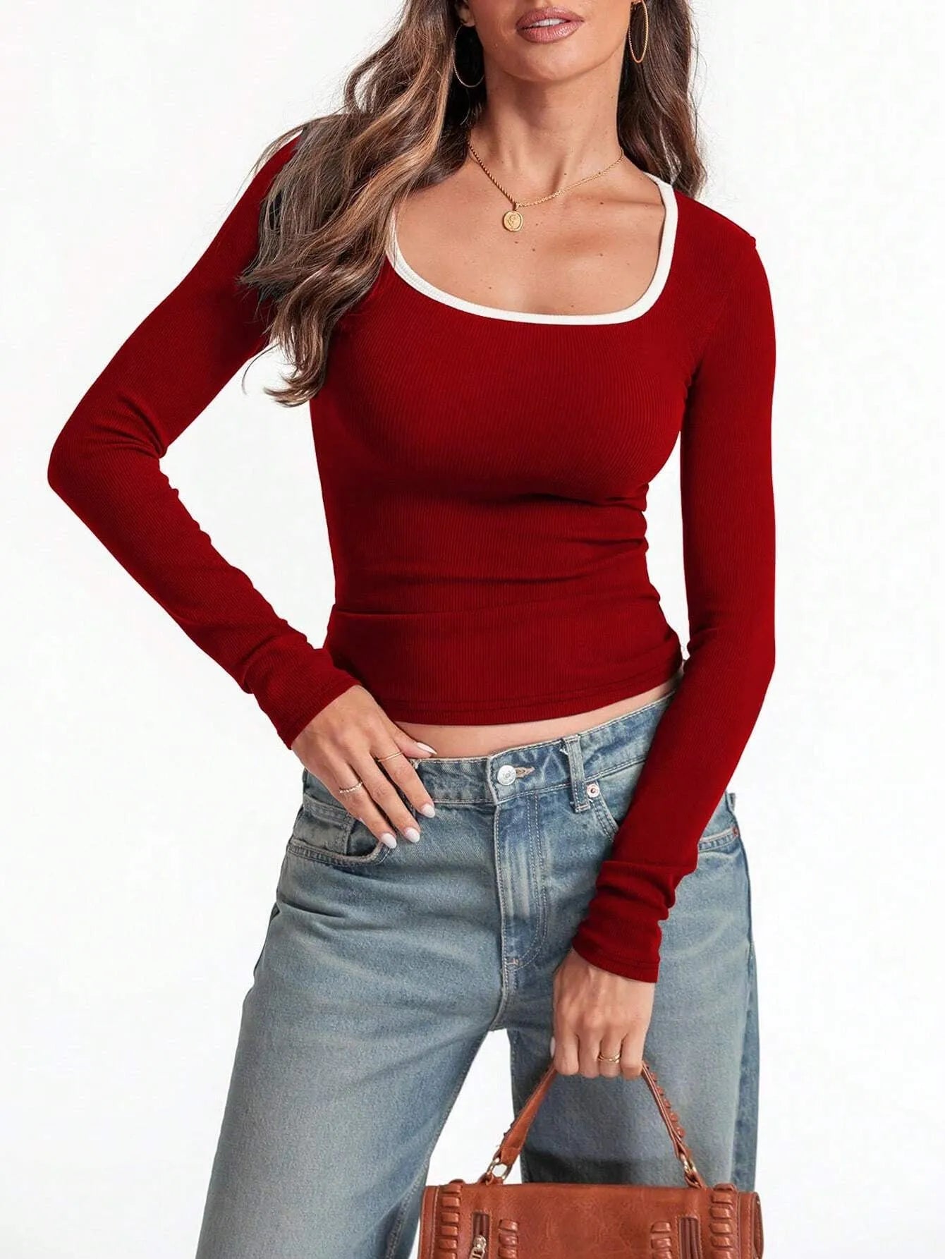 Women's cotton square collar pullover top in slim fit with long sleeves