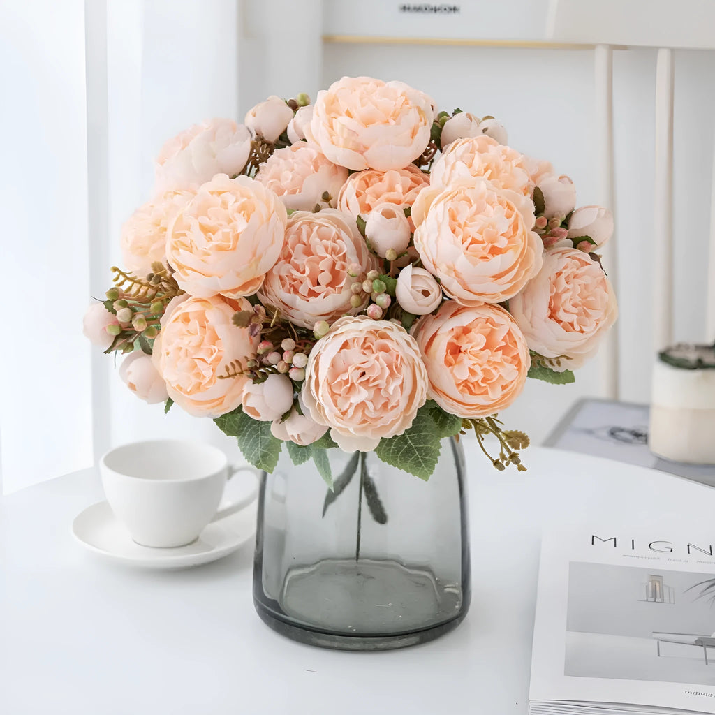 Artificial peony bouquet silk flower arrangement champagne sand red colour 30cm tall