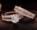 2-in-1 women's fashion ring set with fully-jewelled geometric and round designs in gold, rose gold, and silver colours