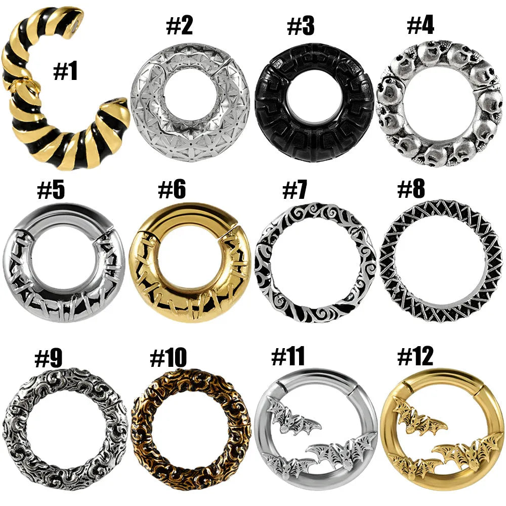 A pair of stainless steel totem pattern earrings with an electroplated finish, shown from the 15 available style options.