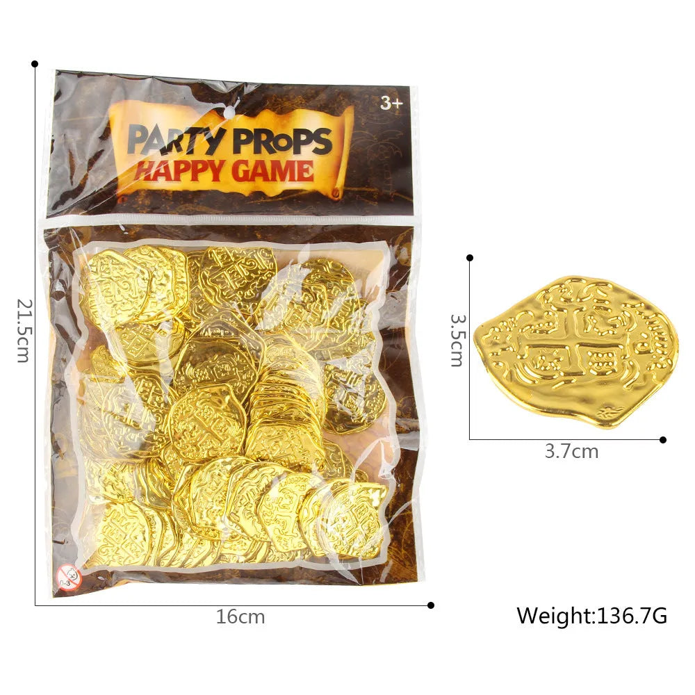 100 plastic Roman pirate coins with metallic electroplated finish in bronze, gold, and silver colour options