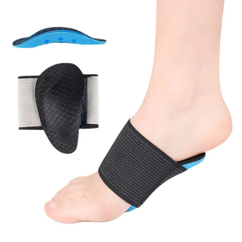 Blue elastic bandage foot pad with arch support for flat feet in adult and children sizes