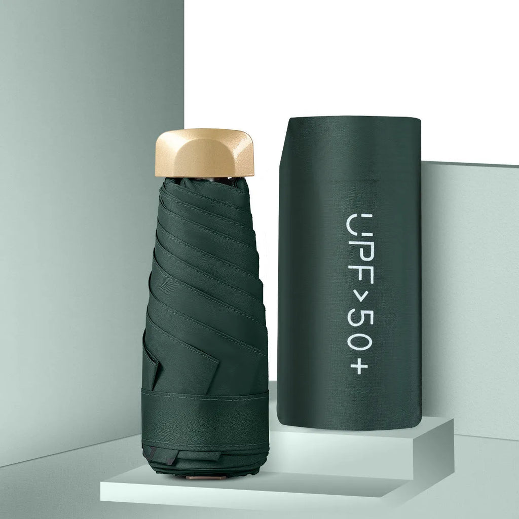 Compact five-fold sun umbrella in various colours with manual open mechanism and rubber handle