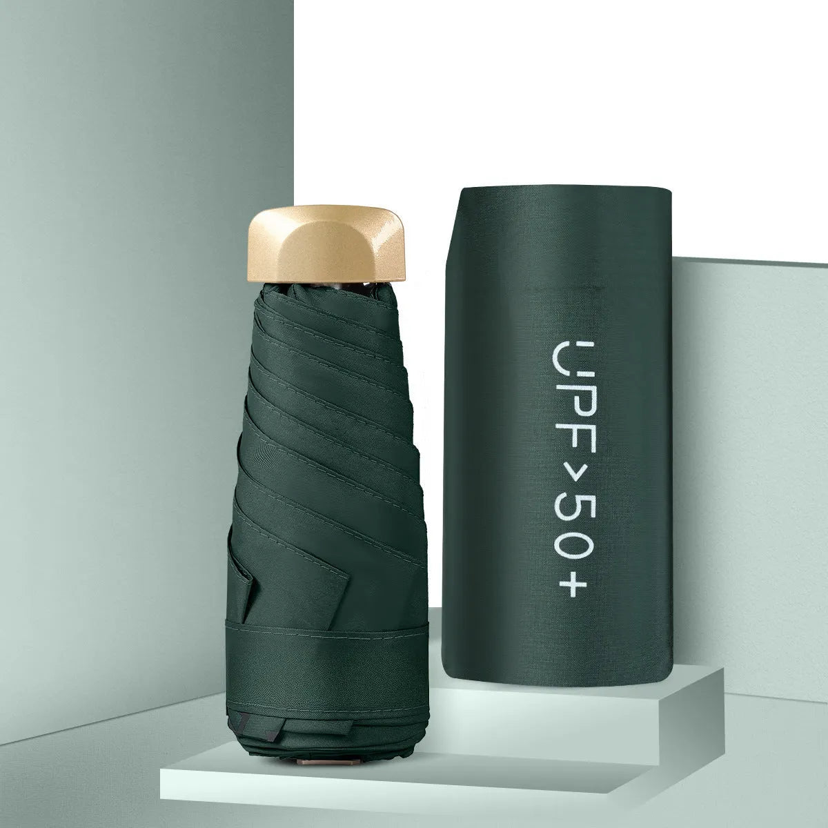 Compact five-fold sun umbrella in various colours with manual open mechanism and rubber handle