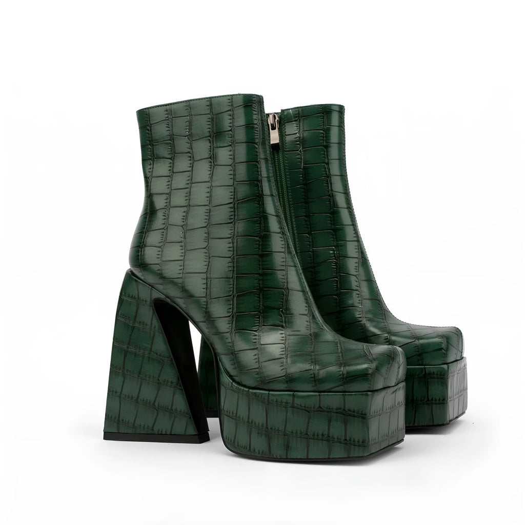 Women's super high heel ankle boot in artificial PU, shown in solid colour options.