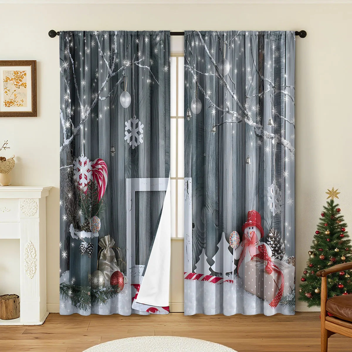 3D digitally printed Christmas curtain pair showing festive patterns on polyester fabric with sunshade properties