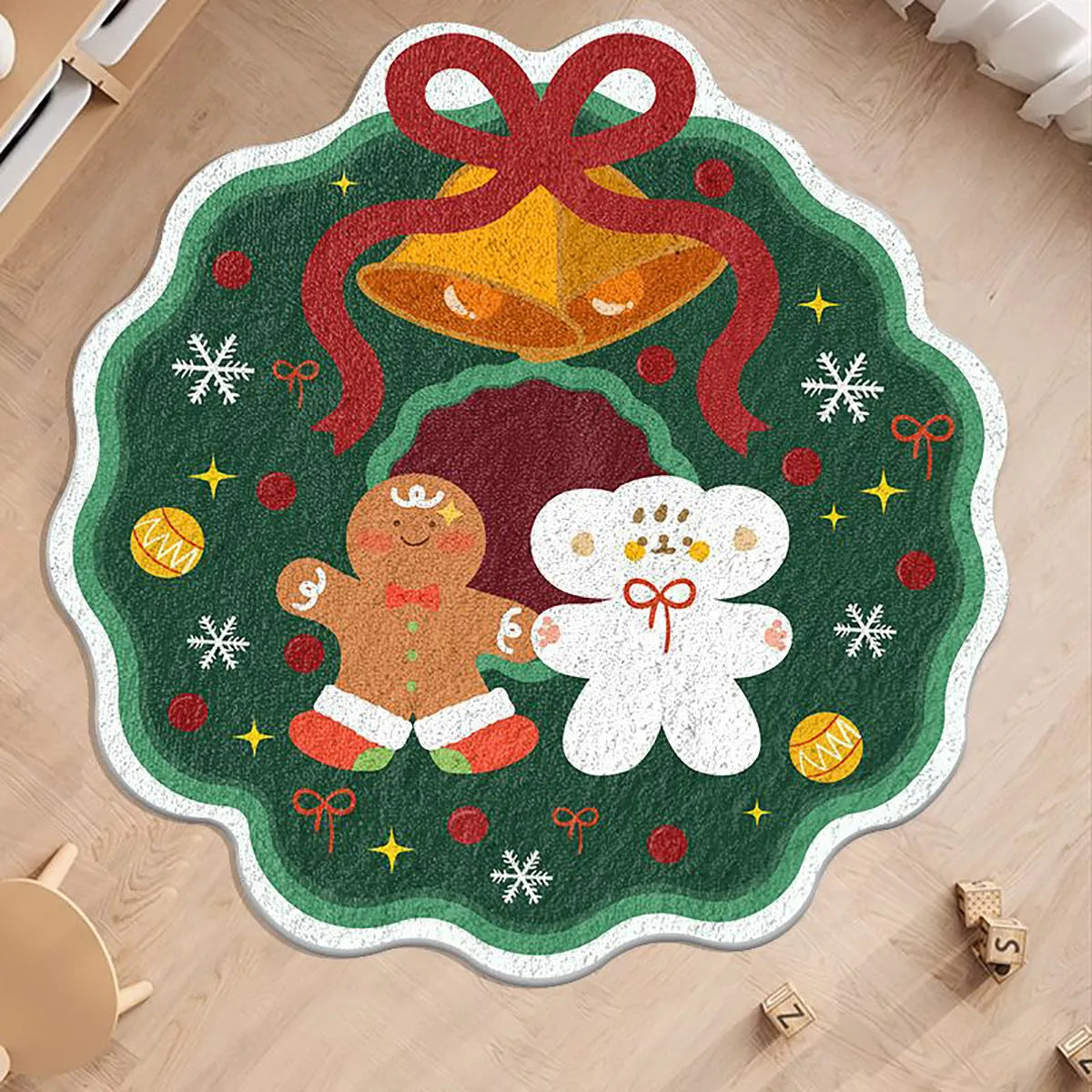 Round Christmas carpet with alien shape design in imitation cashmere material on wooden floor