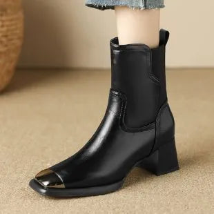 Brown women's high heel Martin ankle boots made of cowhide leather with a side zip.