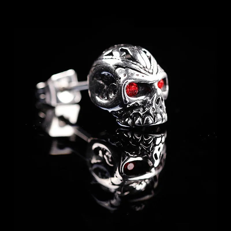 Retro red eye skull stud earrings with alloy metal construction and gemstone inlays