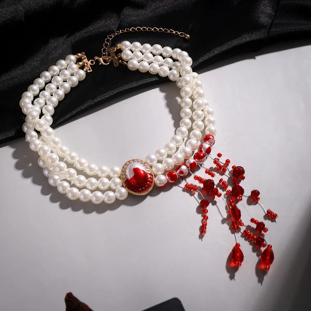 Gold electroplated alloy pearl collar necklace bracelet earrings set in retro gothic style for women