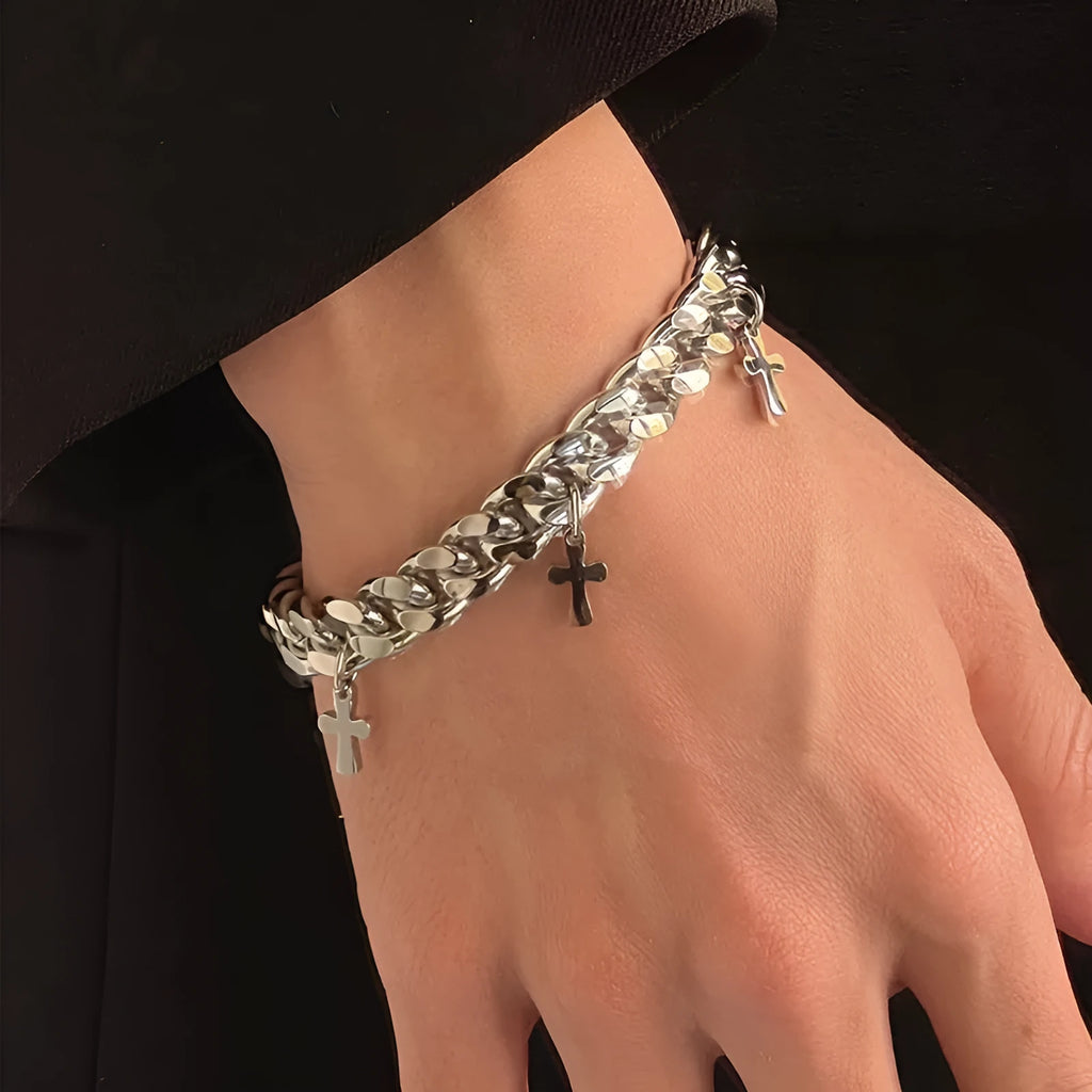 Men's titanium steel geometric bracelet with cross design on wrist