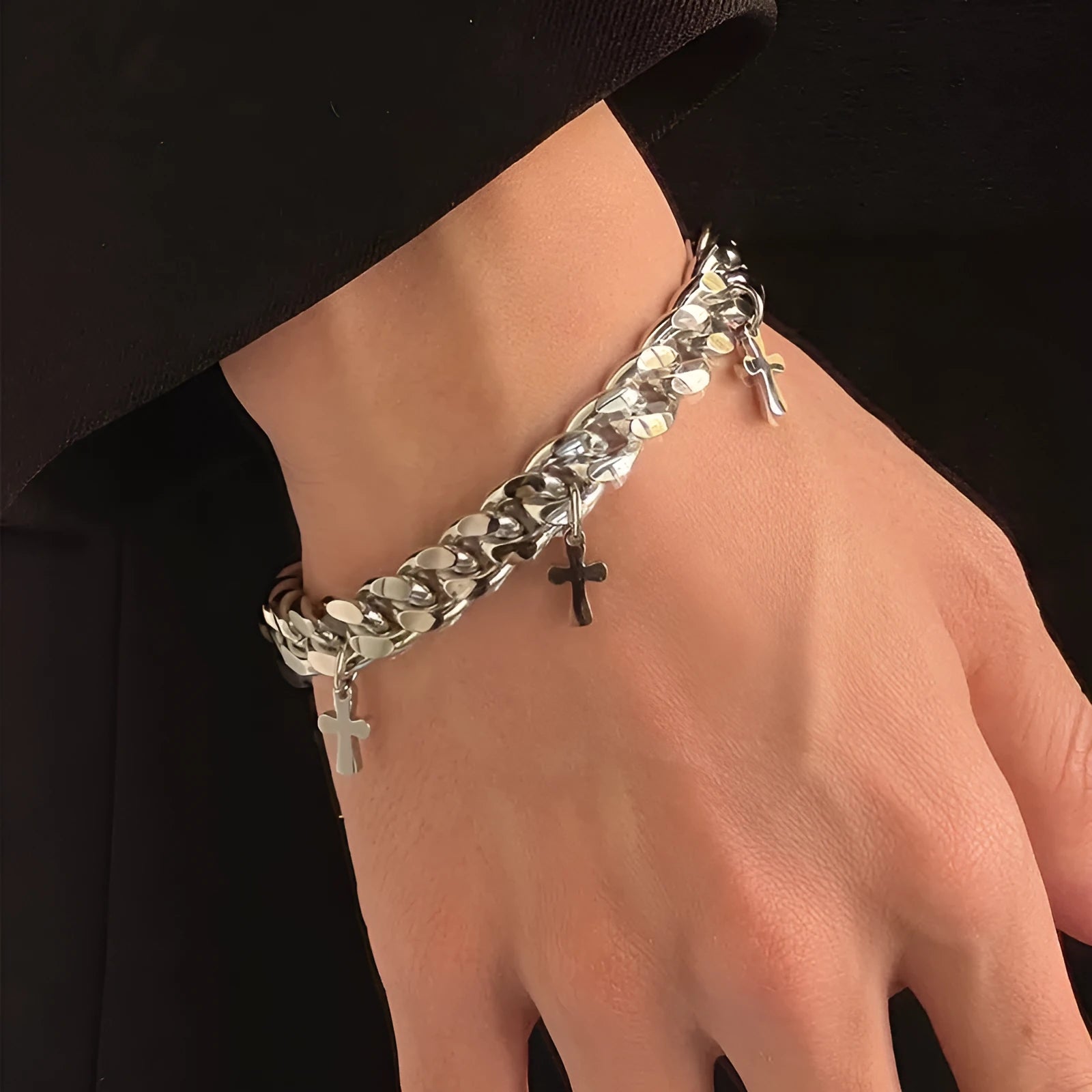 Men's titanium steel geometric bracelet with cross design on wrist