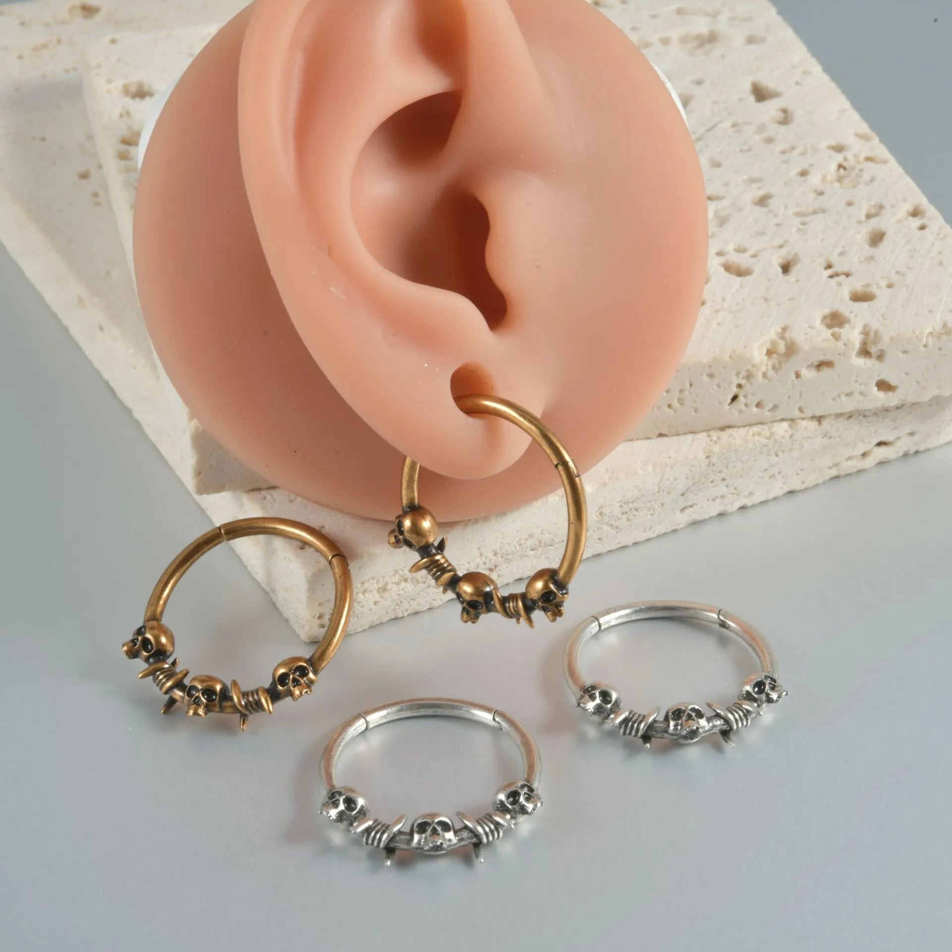 Copper punk earrings with ghost head design in antique gold or silver finish