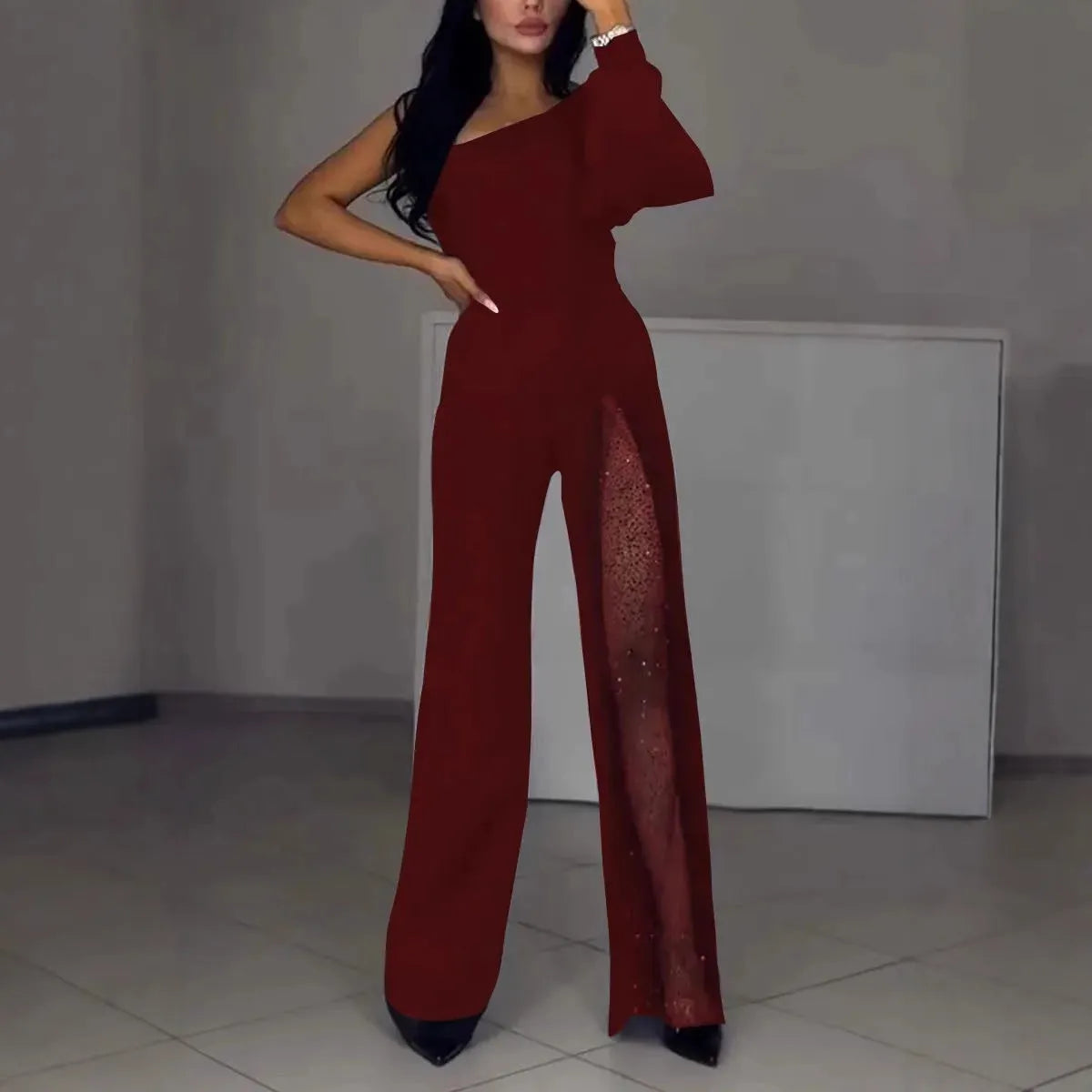Women's sexy style polyester jumpsuit with high slit design in black, wine red, white or dark blue colours