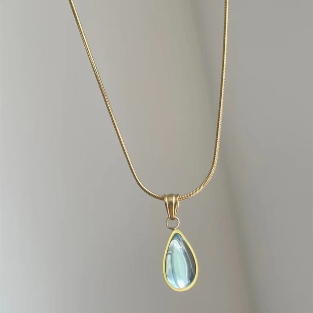 Retro water drop necklace in blue or green with titanium steel snake bone chain and mixed gem inlay for women