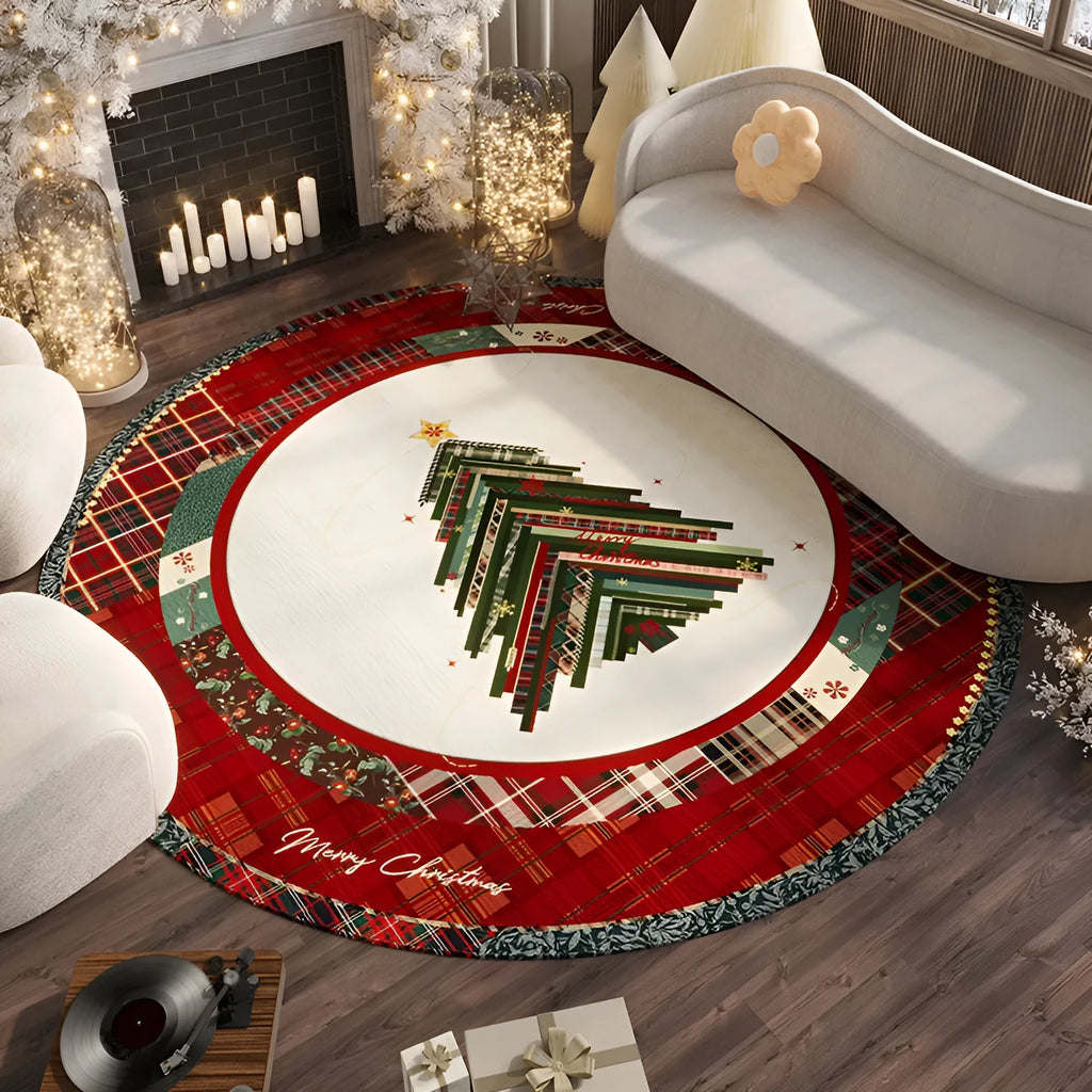 Round red Christmas floor mat with velvet texture in living room setting
